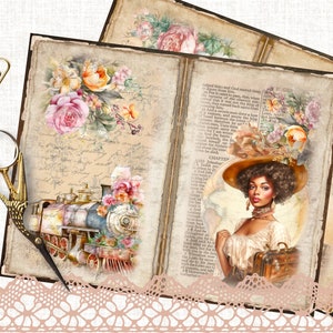 Kit di diario di viaggio vintage afroamericano, carte stampabili, forniture per diario, carta per scrapbooking floreale shabby chic, collage di effimeri