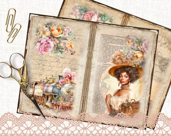African American Vintage Travel Junk Journal Kit Kaarten Afdrukbaar, Journaling Supplies Shabby Chic Bloemen Scrapbookpapier, Ephemera Collage