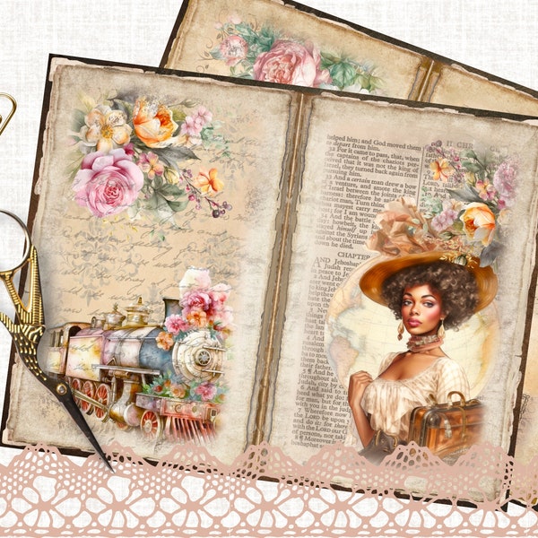 African American Vintage Travel Junk Journal Kit Cards Printable, Journaling Supplies Shabby Chic Floral Scrapbook Paper, Ephemera Collage