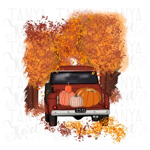 May include: A digital illustration of a vintage red pickup truck filled with pumpkins. The truck is parked in front of a backdrop of fall foliage in shades of orange and brown. The truck's license plate reads "2532".