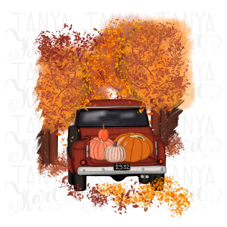 May include: A digital illustration of a vintage red pickup truck filled with pumpkins. The truck is parked in front of a backdrop of fall foliage in shades of orange and brown. The truck's license plate reads "2532".