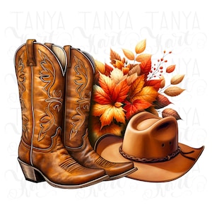 Cowboy herfstsublimatieprints, westerse png-ontwerpen voor kaarten maken en knutselen, herfstcowboyhoed en cowgirllaarzen digitale png-downloads