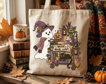 Witch Book Cart Sublimation PNG | Hand Drawn Halloween Ghost Black Cat Design | Spooky Book Lover Tumbler Wrap Art | Tote Bag Print