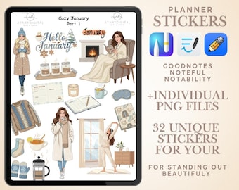 Set de pegatinas digitales de enero para Goodnotes / Pegatinas acogedoras para planificador de invierno PNG / Paquete de pegatinas estéticas con notas / Chicas diversas, Hygge, Café