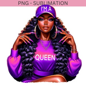May include: A digital illustration of a woman with long, curly, dark purple hair wearing a purple sweatshirt with the text "QUEEN" on the front, a purple baseball cap with the text "I'M A" on the front, and large hoop earrings.