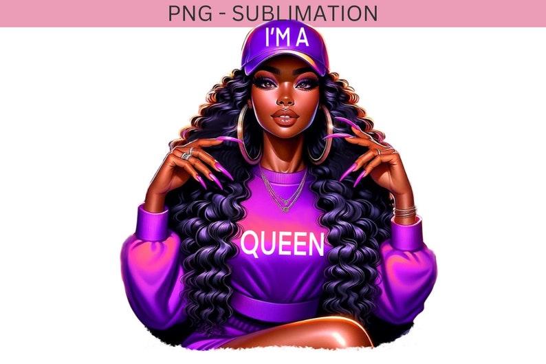 May include: A digital illustration of a woman with long, curly, dark purple hair wearing a purple sweatshirt with the text "QUEEN" on the front, a purple baseball cap with the text "I'M A" on the front, and large hoop earrings.