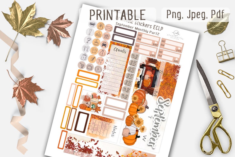 September Fall Sticker Autumn Planner Stickers, Monthly Kit, Printable Stickers, September ...