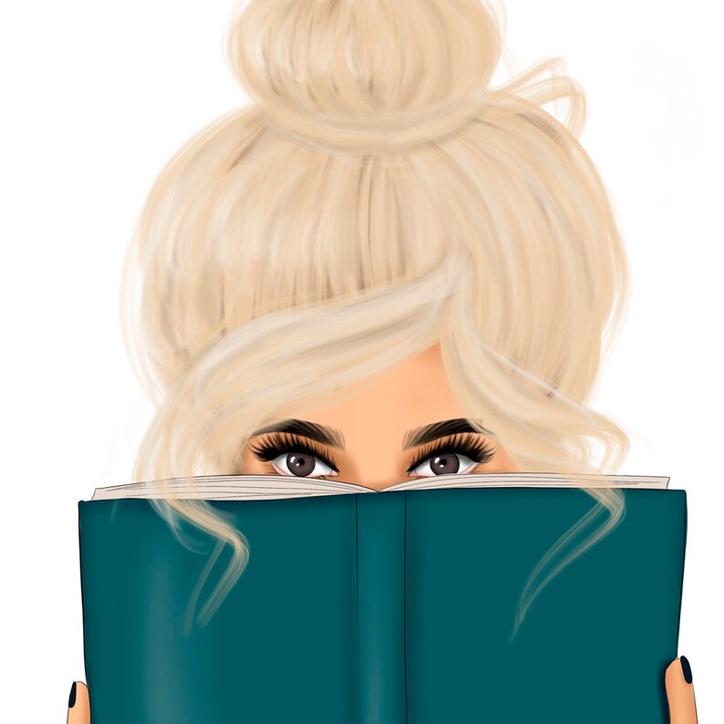 May include: A woman with blonde hair in a bun peeks over a teal blue hardback book.