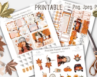 May include: Printable planner stickers with a fall theme. The stickers feature a woman with brown hair wearing a grey beanie and a red sweater, a woman with brown hair wearing a red sweater, a woman with brown hair wearing a red sweater and a brown skirt, a coffee cup, a pumpkin, a truck, and a sunflower. The stickers are labeled "Printable Planner Stickers September Part 3".
