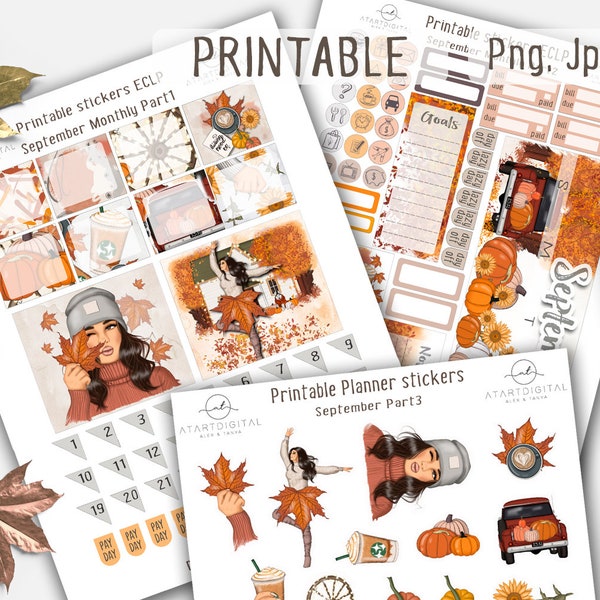 Erin Condren, Autumn Planner Stickers, Monthly Kit, Printable Stickers, September Stickers, Fall Planner Stickers, September Planner Kit