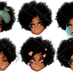 Puede incluir: Seis ilustraciones digitales de una ni&ntilde;a negra con peinado afro que expresa diferentes emociones. La ni&ntilde;a se muestra con un term&oacute;metro, una compresa fr&iacute;a, llorando, con aspecto triste, con aspecto somnoliento y con corazones alrededor de los ojos.