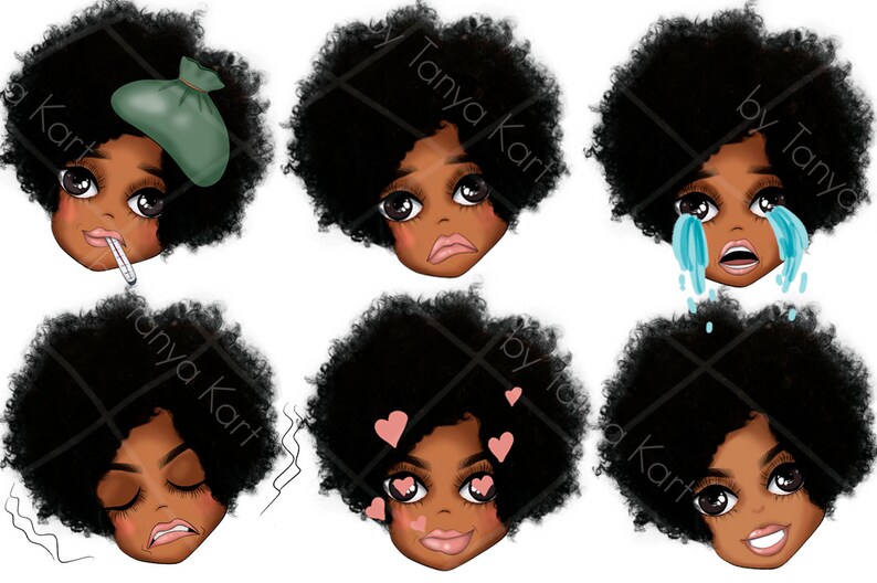 Puede incluir: Seis ilustraciones digitales de una ni&ntilde;a negra con peinado afro que expresa diferentes emociones. La ni&ntilde;a se muestra con un term&oacute;metro, una compresa fr&iacute;a, llorando, con aspecto triste, con aspecto somnoliento y con corazones alrededor de los ojos.