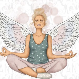 May include: Illustration of a woman with blonde hair in a bun, wearing a teal tank top with a crown pattern and pink pants, meditating with angel wings. The image has a soft, pastel color palette.