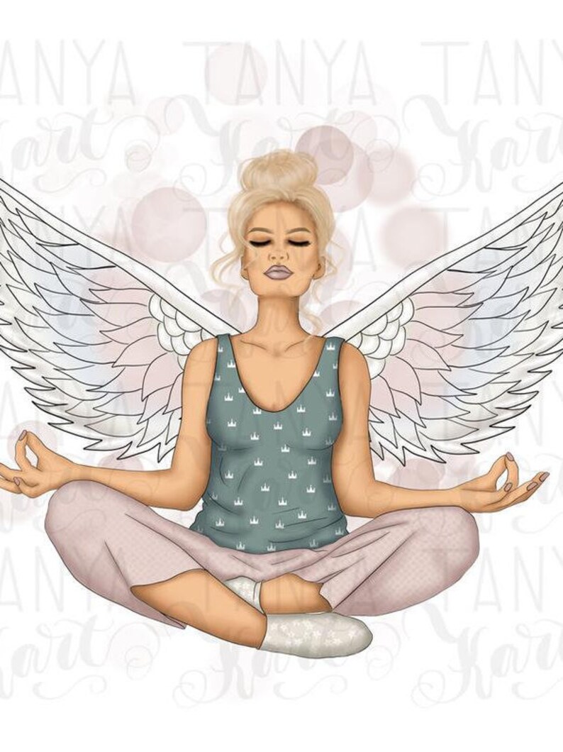 May include: Illustration of a woman with blonde hair in a bun, wearing a teal tank top with a crown pattern and pink pants, meditating with angel wings. The image has a soft, pastel color palette.