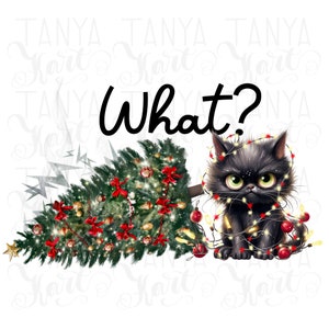Quel chat, téléchargement par sublimation, cadeau pour les amoureux des chats, chat noir avec arbre de Noël pour sweat-shirt, fichiers Png pour chemises