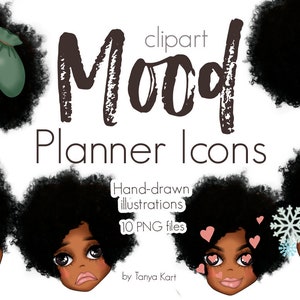 African American Planner Stickers Icons - Mood Tracker, Emoji Clipart, Icon Creator Sticker Set, Mood Planner Digital Icons for GoodNotes