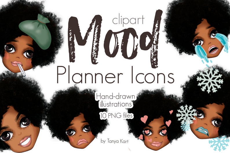 African American Planner Stickers Icons - Mood Tracker, Emoji Clipart, Icon Creator Sticker Set, Mood Planner Digital Icons for GoodNotes