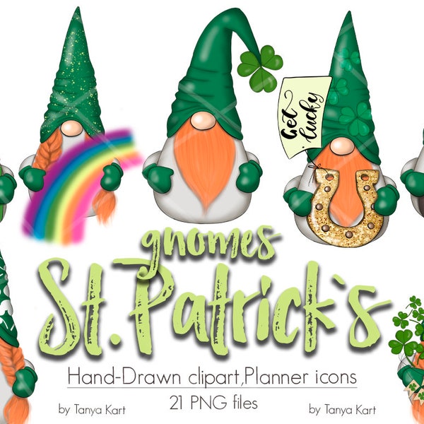 St. Patrick's Day Gnomes Clipart Pack - Festive March Irish Gnome Graphics for Cards, Invitations, Scrapbooking, Planner Stickers and Crafts