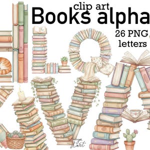 May include: A watercolour illustration of the alphabet, with each letter created from stacks of books in pastel shades. The letter "H" features a sleeping ginger cat. The image includes the text "Books alphabet 26 PNG letters".
