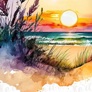 May include: A watercolor painting of a beach scene with a sunset in the background. The painting features a bright orange and yellow sunset with a large, white sun in the center. The foreground shows a sandy beach with green grass and a blue ocean with waves.