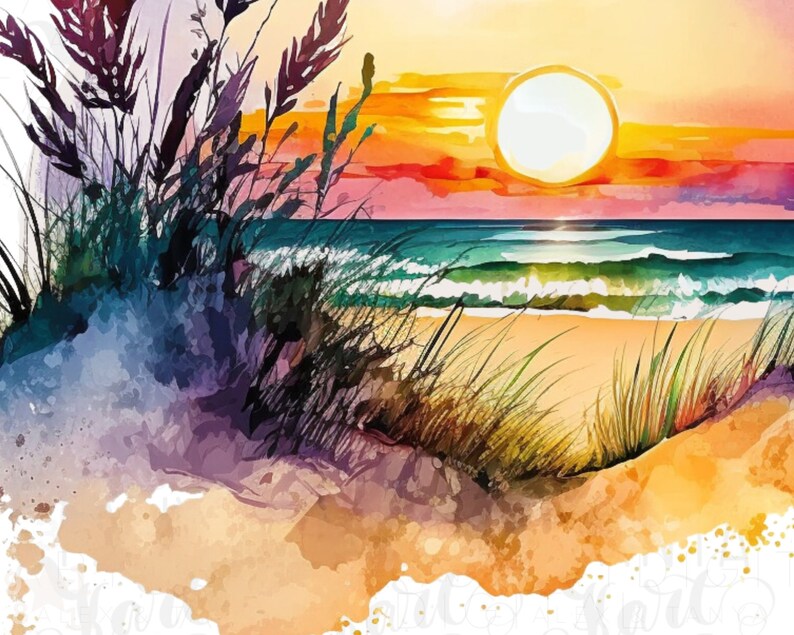 May include: A watercolor painting of a beach scene with a sunset in the background. The painting features a bright orange and yellow sunset with a large, white sun in the center. The foreground shows a sandy beach with green grass and a blue ocean with waves.