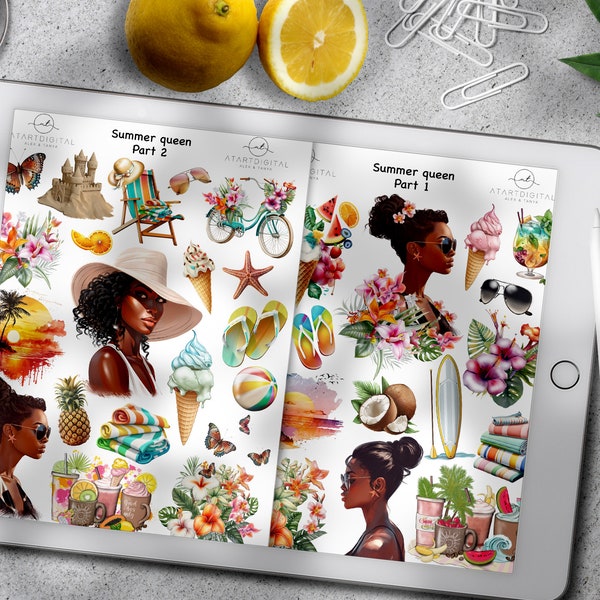 Digital Goodnotes Summer Stickers, Melanin Woman Stickers, Tropical Flowers, Beach Vacation, Planner Stickers, Dark Skin Toned