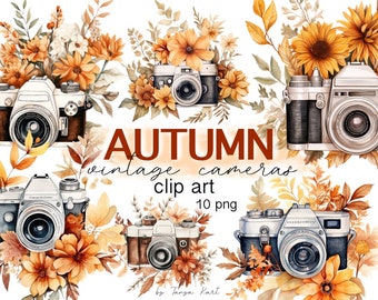 Watercolor Vintage Camera Clipart: Autumn Floral PNG (Commercial Use)