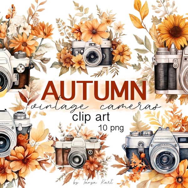 Watercolor Vintage Camera with Flowers PNG, Floral Camera Sublimation Clipart for Commercial Use, Photo Camera Images