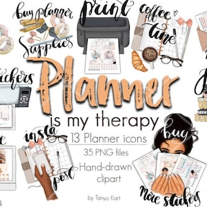 Adesivi per planner icone clipart, Planner Is My Therapy PNG clipart, Adesivi per planner, Clipart di ragazza che pianifica, Elementi clipart disegnati a mano