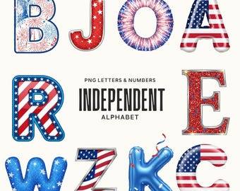 4th of July Alphabet PNG | Patriotic Letters Clipart | Independence Day Red White Blue Font | Glitter Fireworks Alphabet |Sublimation Design