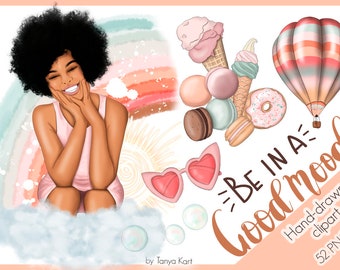Good Vibes Clipart Set, Self Care Clipart, Fashion Girl, Sweets Illustration, Happy Girl Graphic Download, Watercolor Rainbow, Air Balloons