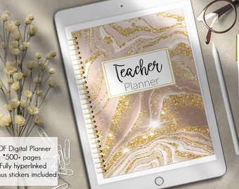 May include: A digital planner for teachers with a pink and gold marble design. The cover says "Teacher Planner".