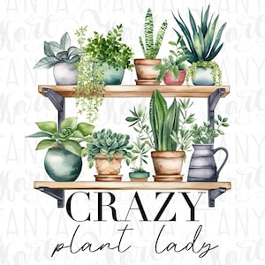 May include: A watercolor illustration of a shelf with a variety of plants in pots. The shelf is made of wood and has a black metal frame. The text "Crazy Plant Lady" is written below the shelf.