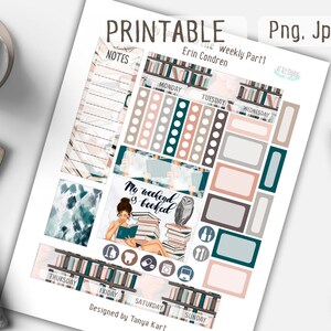 May include: Printable weekly planner stickers with a book and owl theme. The stickers feature a light pink, brown, and teal color scheme. The stickers include a notes section, a weekly calendar, and various other decorative elements.
