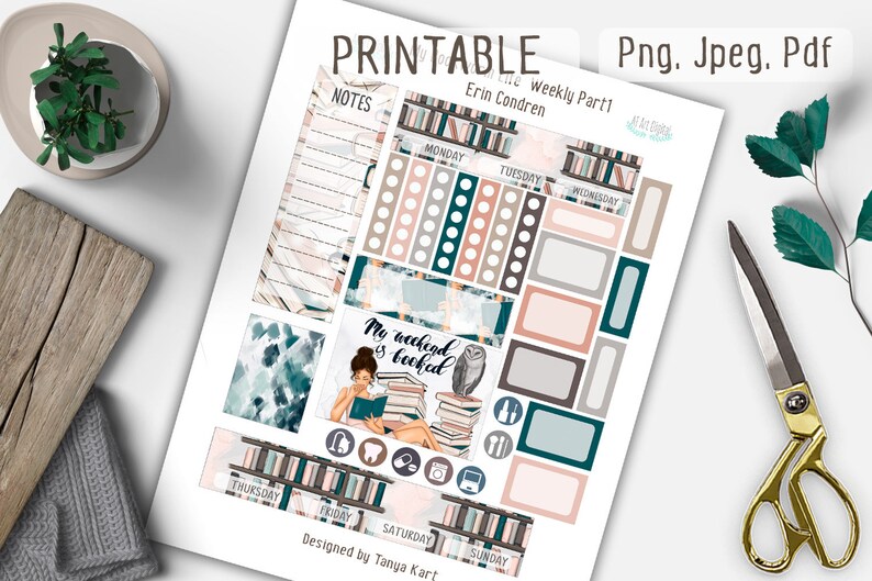 May include: Printable weekly planner stickers with a book and owl theme. The stickers feature a light pink, brown, and teal color scheme. The stickers include a notes section, a weekly calendar, and various other decorative elements.