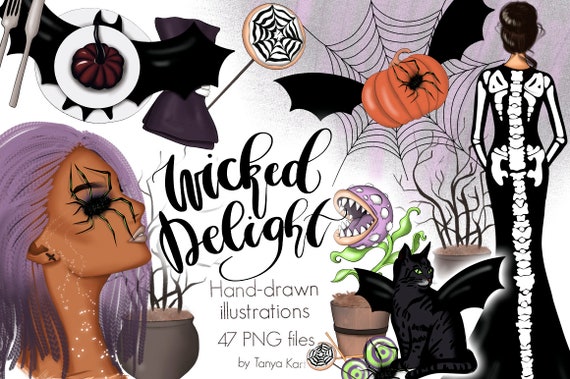 Halloween Witch Clipart: Fashion Girl, Pumpkins Illustration (PNG Digital Download)