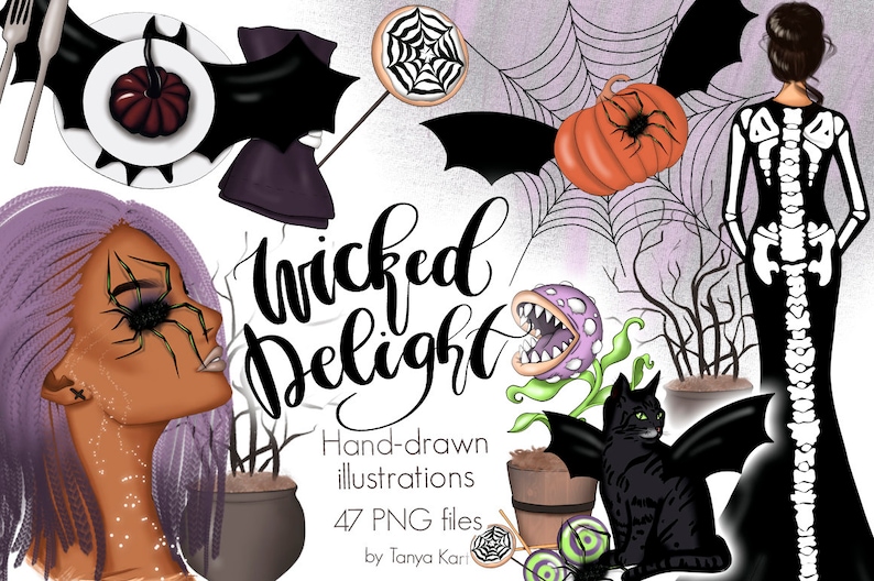 Halloween Witch Fashion Girl Clipart, Fall Planner Stickers, Pumpkins Illustration Png Digital Download for Commercial Use