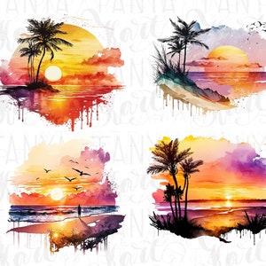 May include: Four watercolor paintings of sunset scenes with palm trees on a beach. Each painting has a different color scheme and composition.