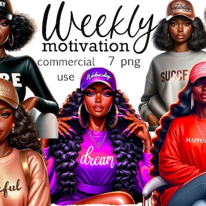Wöchentliche Motivation Schwarzes Mädchen PNG-Bilder, digitale Kunstdrucke, Schwarze Königin, Planer Clipart, digitaler Download, Tshirt-Design, Print on Demand