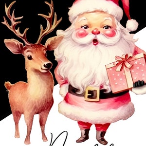 May include: A vintage-style illustration of Santa Claus holding a wrapped gift box, standing next to a reindeer. Santa is dressed in a red suit with a white beard and hat. The background is split diagonally, with black on the left and white on the right.