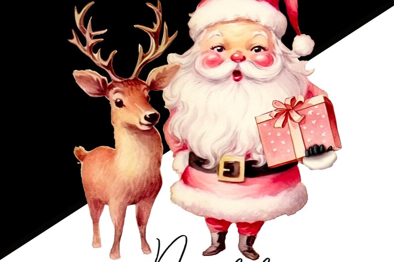 May include: A vintage-style illustration of Santa Claus holding a wrapped gift box, standing next to a reindeer. Santa is dressed in a red suit with a white beard and hat. The background is split diagonally, with black on the left and white on the right.