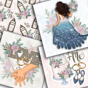 May include: A set of four digital paper designs featuring a wedding theme. The designs include a bride in a blue gown, a cake with flowers, a floral wreath with the word "LOVE" and a lantern with the text "You + Me".