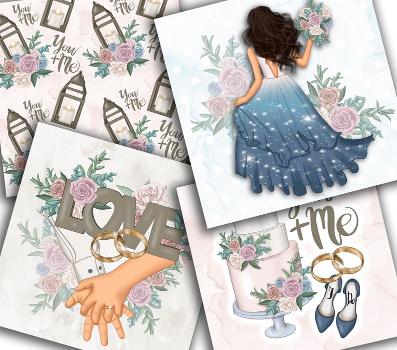 May include: A set of four digital paper designs featuring a wedding theme. The designs include a bride in a blue gown, a cake with flowers, a floral wreath with the word "LOVE" and a lantern with the text "You + Me".