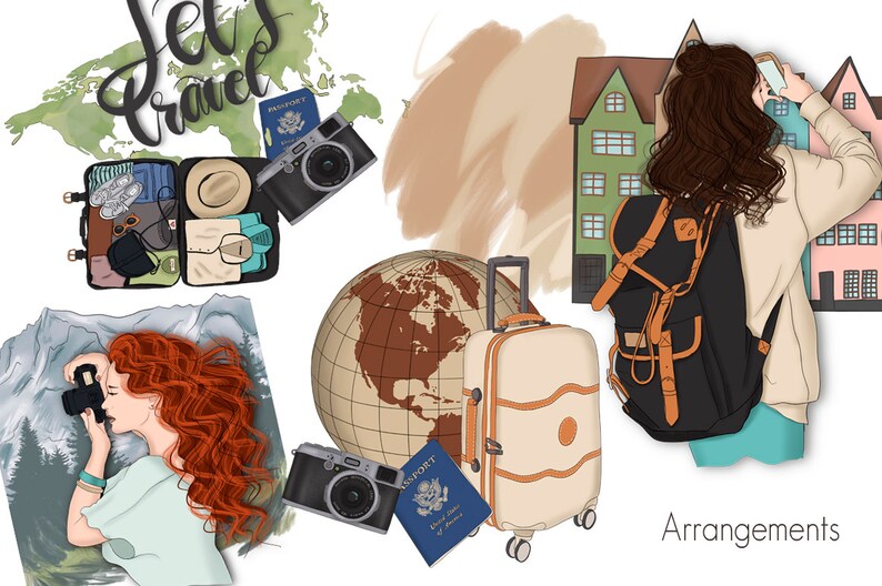 May include: A digital illustration of a woman traveling. She is wearing a beige jacket and a blue shirt. She is carrying a black backpack and a camera. She is standing in front of a building with a green roof and white windows. The text "Arrangements" is written in black at the bottom of the image.