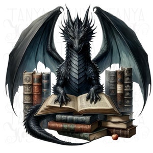 Download digital de PNG de dragão literário para nerds de livros, adesivos de planejador, design de camisa, arte de parede, imagem PNG de dragões místicos, produtos Booktok