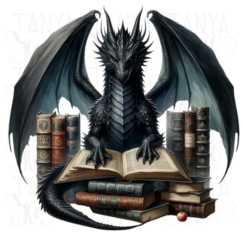 Bookish Dragon PNG Digital Download for Book Nerds, Planner Stickers, Shirt Design, Wall Art, Mystical Dragons PNG Image, Booktok Merch