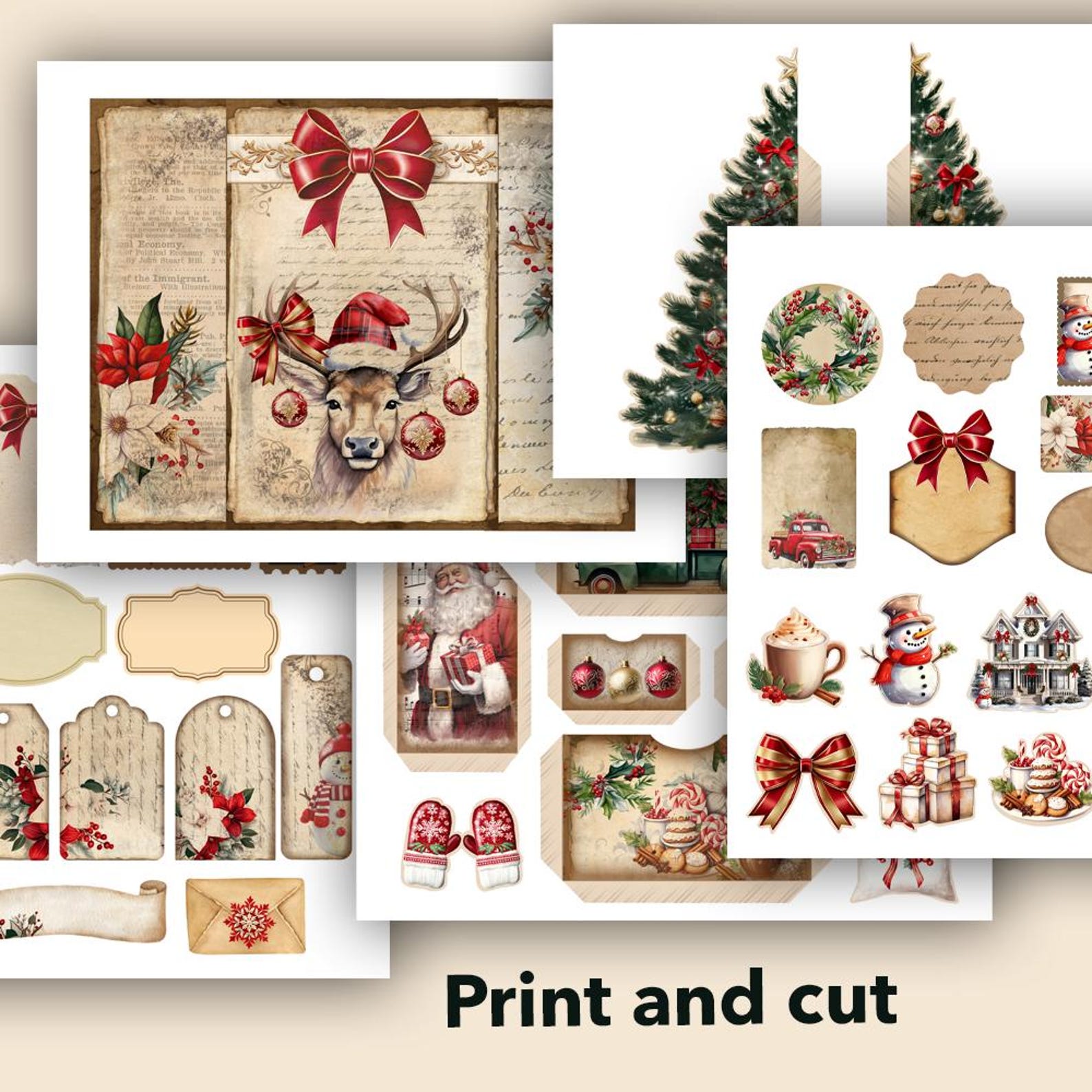 Christmas Junk Journal Printable Folio Ephemera Folding 3D Folio With ...