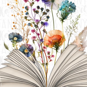 Pu&ograve; includere: Un libro aperto con un bouquet di fiori pressati di vari colori, tra cui arancione, blu, viola e rosa, che emergono dalle pagine.