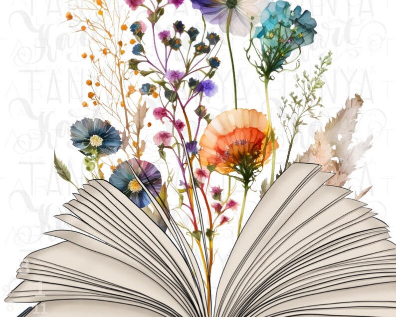 Pu&ograve; includere: Un libro aperto con un bouquet di fiori pressati di vari colori, tra cui arancione, blu, viola e rosa, che emergono dalle pagine.