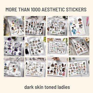 May include: A digital tablet screen displaying a collection of over 1000 aesthetic stickers featuring dark-skinned women. The stickers are organized into categories and include various designs, such as women with different hairstyles, clothing, and accessories. The text "MORE THAN 1000 AESTHETIC STICKERS" is displayed at the top of the image.